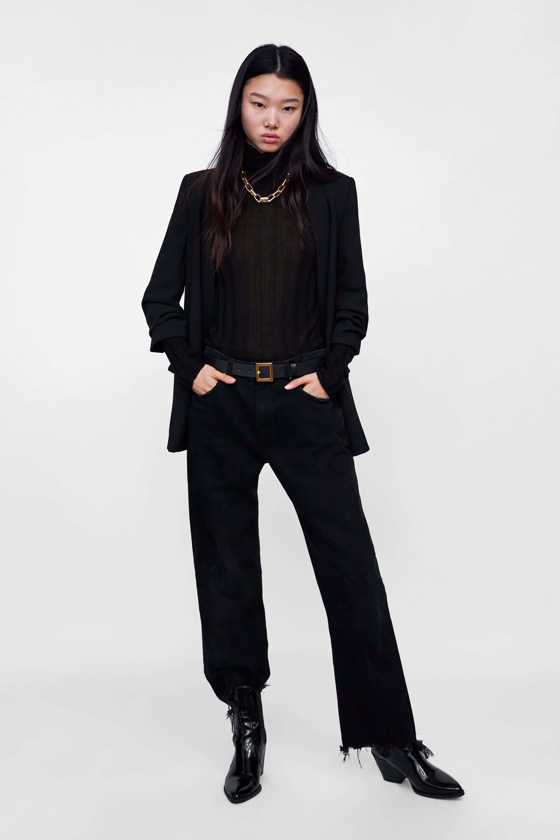 Total black look.