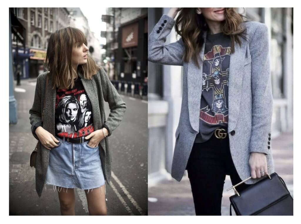 Blazer gris con camiseta de banda estilo rockera.