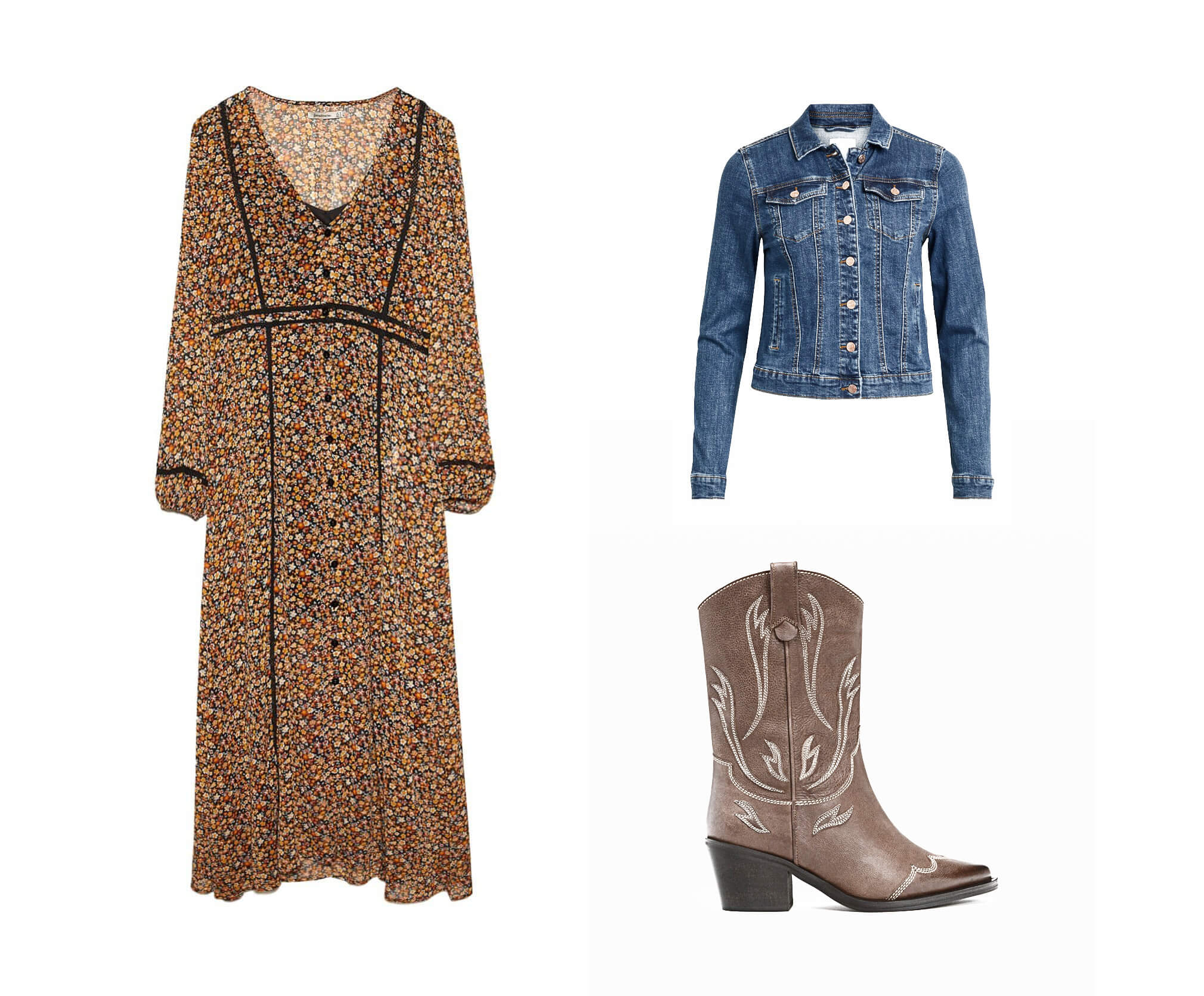 vestido boho con botas country y cazadora vaquera