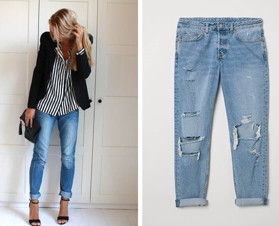 Conjunto de vaqueros boyfriend, blusa a rayas y americana negra.
