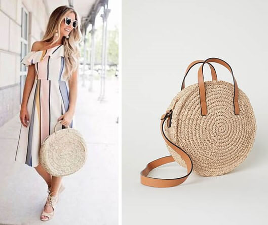 Outfit veraniego con bolso de mimbre.