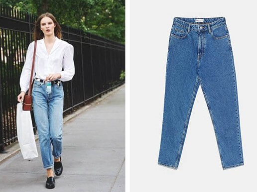 Conjunto de blusa blanca y vaqueros mom jeans y camisa.